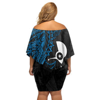 Yap Island Tribal Heritage Off Shoulder Short Dress Micronesian Polynesian Tattoo Pattern Blue Black Cultural Art
