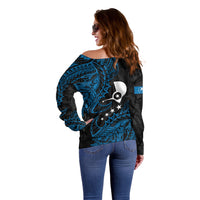 Yap Island Tribal Heritage Off Shoulder Sweater Micronesian Polynesian Tattoo Pattern Blue Black Cultural Art