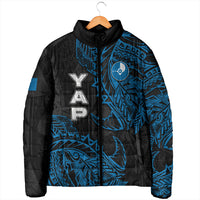 Yap Island Tribal Heritage Padded Jacket Micronesian Polynesian Tattoo Pattern Blue Black Cultural Art