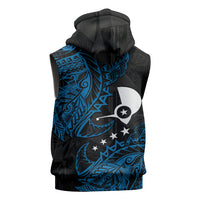 Yap Island Tribal Heritage Sleeveless Hoodie Micronesian Polynesian Tattoo Pattern Blue Black Cultural Art