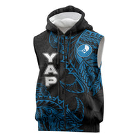 Yap Island Tribal Heritage Sleeveless Zip Hoodie Micronesian Polynesian Tattoo Pattern Blue Black Cultural Art