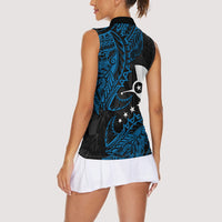 Yap Island Tribal Heritage Women Sleeveless Polo Shirt Micronesian Polynesian Tattoo Pattern Blue Black Cultural Art