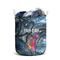 Yap Day Island Floral Tribal Heritage Laundry Basket Micronesian Hibiscus Pattern Polynesian Tattoo Blue Art