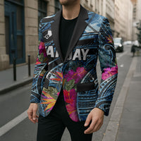Yap Day Island Floral Tribal Heritage Blazer Micronesian Hibiscus Pattern Polynesian Tattoo Blue Art