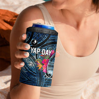 Yap Day Island Floral Tribal Heritage 4 in 1 Can Cooler Tumbler Micronesian Hibiscus Pattern Polynesian Tattoo Blue Art