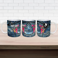 Yap Day Island Floral Tribal Heritage Ceramic Mug Micronesian Hibiscus Pattern Polynesian Tattoo Blue Art