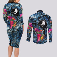 Yap Day Island Floral Tribal Heritage Couples Matching Long Sleeve Bodycon Dress and Long Sleeve Button Shirt Micronesian Hibiscus Pattern Polynesian Tattoo Blue Art