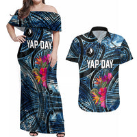 Yap Day Island Floral Tribal Heritage Couples Matching Off Shoulder Maxi Dress and Hawaiian Shirt Micronesian Hibiscus Pattern Polynesian Tattoo Blue Art