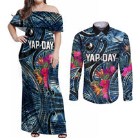 Yap Day Island Floral Tribal Heritage Couples Matching Off Shoulder Maxi Dress and Long Sleeve Button Shirt Micronesian Hibiscus Pattern Polynesian Tattoo Blue Art
