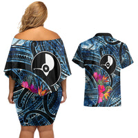 Yap Day Island Floral Tribal Heritage Couples Matching Off Shoulder Short Dress and Hawaiian Shirt Micronesian Hibiscus Pattern Polynesian Tattoo Blue Art