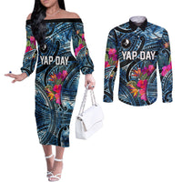 Yap Day Island Floral Tribal Heritage Couples Matching Off The Shoulder Long Sleeve Dress and Long Sleeve Button Shirt Micronesian Hibiscus Pattern Polynesian Tattoo Blue Art