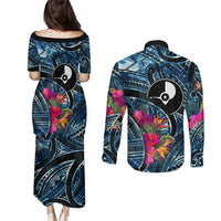 Yap Day Island Floral Tribal Heritage Couples Matching Puletasi and Long Sleeve Button Shirt Micronesian Hibiscus Pattern Polynesian Tattoo Blue Art