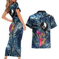 Yap Day Island Floral Tribal Heritage Couples Matching Short Sleeve Bodycon Dress and Hawaiian Shirt Micronesian Hibiscus Pattern Polynesian Tattoo Blue Art