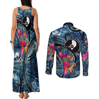 Yap Day Island Floral Tribal Heritage Couples Matching Tank Maxi Dress and Long Sleeve Button Shirt Micronesian Hibiscus Pattern Polynesian Tattoo Blue Art