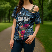 Yap Day Island Floral Tribal Heritage Cross Shoulder Shirt Micronesian Hibiscus Pattern Polynesian Tattoo Blue Art