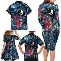Yap Day Island Floral Tribal Heritage Family Matching Long Sleeve Bodycon Dress and Hawaiian Shirt Micronesian Hibiscus Pattern Polynesian Tattoo Blue Art