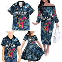 Yap Day Island Floral Tribal Heritage Family Matching Off The Shoulder Long Sleeve Dress and Hawaiian Shirt Micronesian Hibiscus Pattern Polynesian Tattoo Blue Art