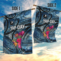Yap Day Island Floral Tribal Heritage Garden Flag Micronesian Hibiscus Pattern Polynesian Tattoo Blue Art