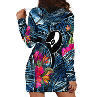 Yap Day Island Floral Tribal Heritage Hoodie Dress Micronesian Hibiscus Pattern Polynesian Tattoo Blue Art