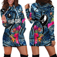 Yap Day Island Floral Tribal Heritage Hoodie Dress Micronesian Hibiscus Pattern Polynesian Tattoo Blue Art