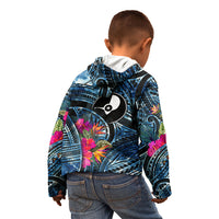 Yap Day Island Floral Tribal Heritage Kid Hoodie Micronesian Hibiscus Pattern Polynesian Tattoo Blue Art