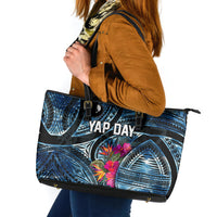 Yap Day Island Floral Tribal Heritage Leather Tote Bag Micronesian Hibiscus Pattern Polynesian Tattoo Blue Art