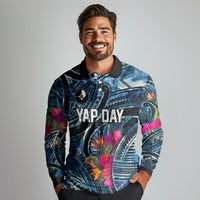 Yap Day Island Floral Tribal Heritage Long Sleeve Polo Shirt Micronesian Hibiscus Pattern Polynesian Tattoo Blue Art