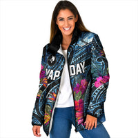 Yap Day Island Floral Tribal Heritage Padded Jacket Micronesian Hibiscus Pattern Polynesian Tattoo Blue Art
