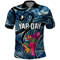 Yap Day Island Floral Tribal Heritage Polo Shirt Micronesian Hibiscus Pattern Polynesian Tattoo Blue Art