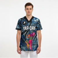 Yap Day Island Floral Tribal Heritage Scrub Top Micronesian Hibiscus Pattern Polynesian Tattoo Blue Art