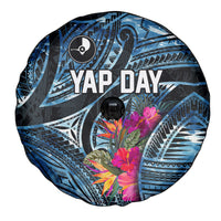 Yap Day Island Floral Tribal Heritage Spare Tire Cover Micronesian Hibiscus Pattern Polynesian Tattoo Blue Art