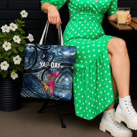Yap Day Island Floral Tribal Heritage Tote Bag Micronesian Hibiscus Pattern Polynesian Tattoo Blue Art