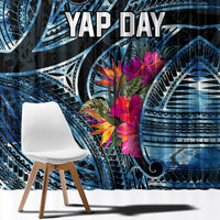 Yap Day Island Floral Tribal Heritage Window Curtain Micronesian Hibiscus Pattern Polynesian Tattoo Blue Art