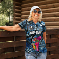 Yap Day Island Floral Tribal Heritage Women Polo Shirt Micronesian Hibiscus Pattern Polynesian Tattoo Blue Art