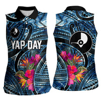 Yap Day Island Floral Tribal Heritage Women Sleeveless Polo Shirt Micronesian Hibiscus Pattern Polynesian Tattoo Blue Art