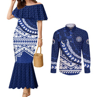 Northern Mariana Islands Saipan Couples Matching Mermaid Dress and Long Sleeve Button Shirt Polynesian Tribal Pattern - Commonwealth Seal Art TS04 Blue White - Polynesian Pride