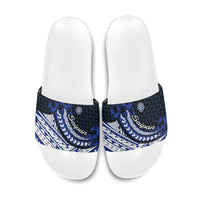 Northern Mariana Islands Saipan Slide Sandals Polynesian Tribal Pattern - Commonwealth Seal Art TS04 Blue White - Polynesian Pride