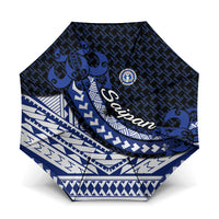 Northern Mariana Islands Saipan Umbrella Polynesian Tribal Pattern - Commonwealth Seal Art TS04 One Size Folded 11.42 inch Opened Diameter 37.4 inch Blue White - Polynesian Pride