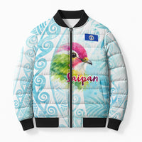 Saipan CMNI Bomber Puffer Jacket Polynesian Northern Mariana Islands Fruit Dove Watercolor TS04 Unisex Blue White - Polynesian Pride