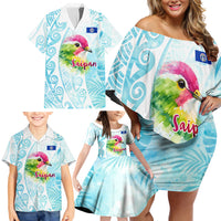 Saipan CMNI Family Matching Off Shoulder Short Dress and Hawaiian Shirt Polynesian Northern Mariana Islands Fruit Dove Watercolor