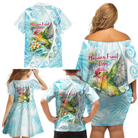 Saipan CMNI Family Matching Off Shoulder Short Dress and Hawaiian Shirt Polynesian Northern Mariana Islands Fruit Dove Watercolor