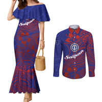 Saipan Northern Mariana Islands Couples Matching Mermaid Dress and Long Sleeve Button Shirt Polynesian Tribal Tattoo Art With Hibiscus Flowers And Seal TS04 Blue Red - Polynesian Pride