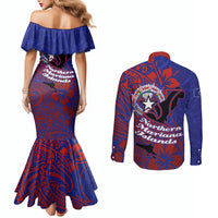 Saipan Northern Mariana Islands Couples Matching Mermaid Dress and Long Sleeve Button Shirt Polynesian Tribal Tattoo Art With Hibiscus Flowers And Seal TS04 - Polynesian Pride