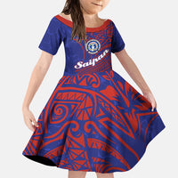 Saipan Northern Mariana Islands Family Matching Off The Shoulder Long Sleeve Dress and Hawaiian Shirt Polynesian Tribal Tattoo Art With Hibiscus Flowers And Seal TS04 Daughter's Dress Blue Red - Polynesian Pride