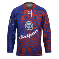 Saipan Northern Mariana Islands Hockey Jersey Polynesian Tribal Tattoo Art With Hibiscus Flowers And Seal
