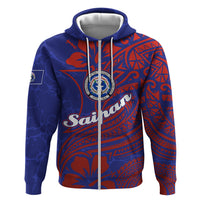 Saipan Northern Mariana Islands Hoodie Polynesian Tribal Tattoo Art With Hibiscus Flowers And Seal TS04 Zip Hoodie Blue Red - Polynesian Pride