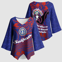 Saipan Northern Mariana Islands Kimono Sleeve Blouse Polynesian Tribal Tattoo Art With Hibiscus Flowers And Seal