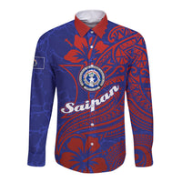 Saipan Northern Mariana Islands Long Sleeve Button Shirt Polynesian Tribal Tattoo Art With Hibiscus Flowers And Seal