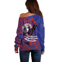 Saipan Northern Mariana Islands Off Shoulder Sweater Polynesian Tribal Tattoo Art With Hibiscus Flowers And Seal