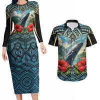 Personalized Masefau American Samoa Whale Couples Matching Long Sleeve Bodycon Dress and Hawaiian Shirt Polynesian Tribal Pattern Tropical Hibiscus TS04 Black Blue - Polynesian Pride